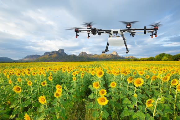 A drone monitoring a field of sunflowers with mountains and a blue sky in the background.