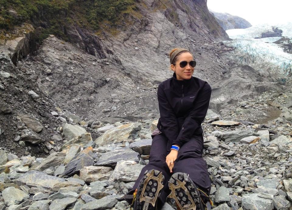 Meghan Markle pictured with <span>crampons on her shoes for her glacier hike. </span>Source: The Tig.com