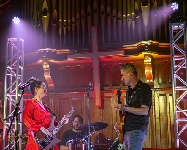 The author, Stephan Szczesniak and Michael Holmes (right) playing a concert in Ingersoll in Ontario, Canada, in 2022