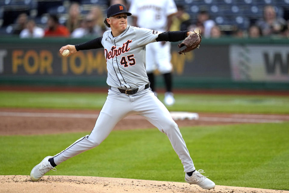 Detroit Tigers starting pitcher Reese Olson delivers during the first inning of the team's baseball game against the Pittsburgh Pirates in Pittsburgh, Monday, April 8, 2024. (AP Photo/Gene J. Puskar)