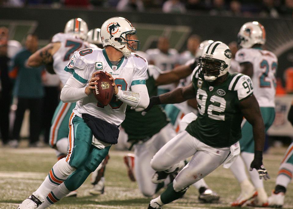 Chad Pennington, shown during his Dec. 28, 2008 game with the Miami Dolphins as they played the Jets, is one of the memorable moments of the Jets-Dolphins rivalry.