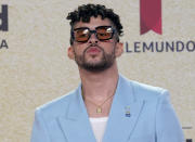 Bad Bunny arrives at the Billboard Latin Music Awards on Thursday, Sept. 23, 2021, at the Watsco Center in Coral Gables, Fla. (AP Photo/Marta Lavandier)