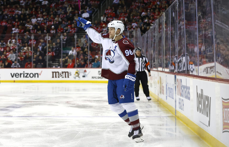 Colorado Avalanche right wing Mikko Rantanen celebrates his goal against the New Jersey Devils during the first period of an NHL hockey game Tuesday, Feb. 6, 2024, in Newark, N.J. (AP Photo/Noah K. Murray)