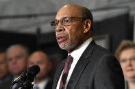 Kentucky Deputy Attorney General J. Michael Brown speaks to reporters following his introduction as transition chair for Kentucky Governor-Elect Andy Beshear in the state capitol rotunda in Frankfort, Ky., Friday, Nov. 15, 2019. (AP Photo/Timothy D. Easley)