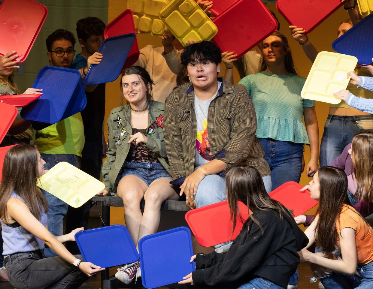 Jordyn Freetage as Janis and Lucas Cinko as Damian rehearse a scene from "Mean Girls" the musical.  The North Canton Playhouse is presenting the production starting this weekend.