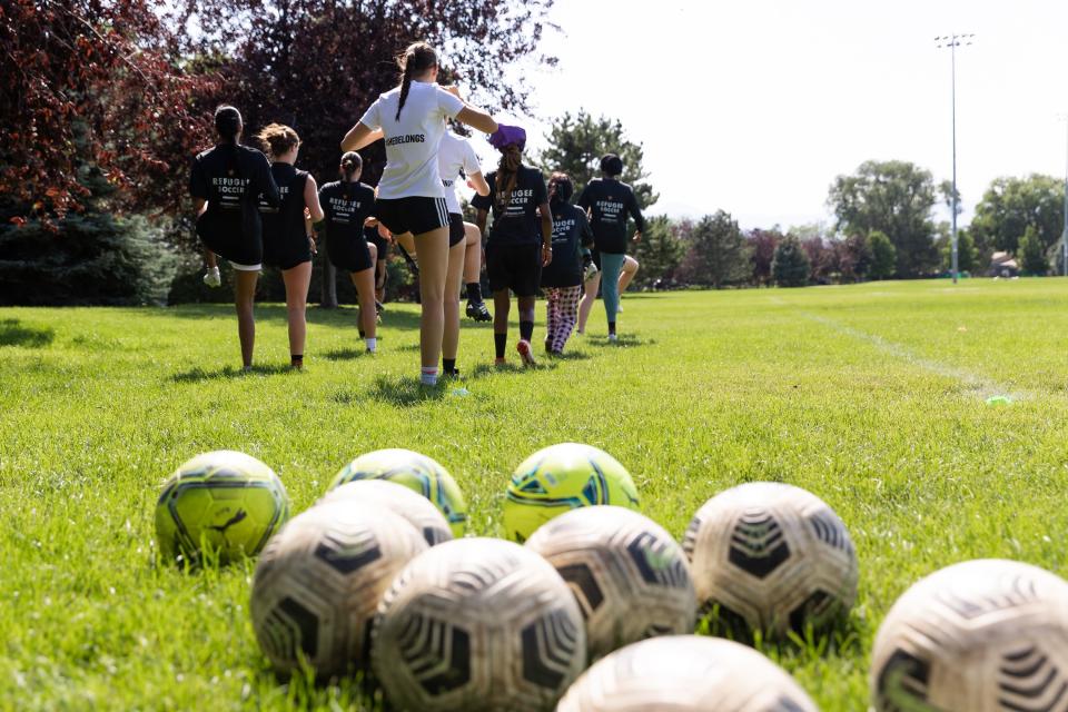 Members of the #SheBelongs soccer team run drills at Lone Peak Park in Sandy on Thursday, July 6, 2023. #SheBelongs is a four-month program bringing together refugee and nonrefugee girls through soccer. | Megan Nielsen, Deseret News