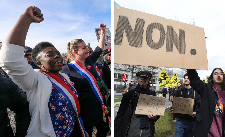 a split image of the French leftist party marching and people holding up cardboard protest signs that say "NON" in bold letters