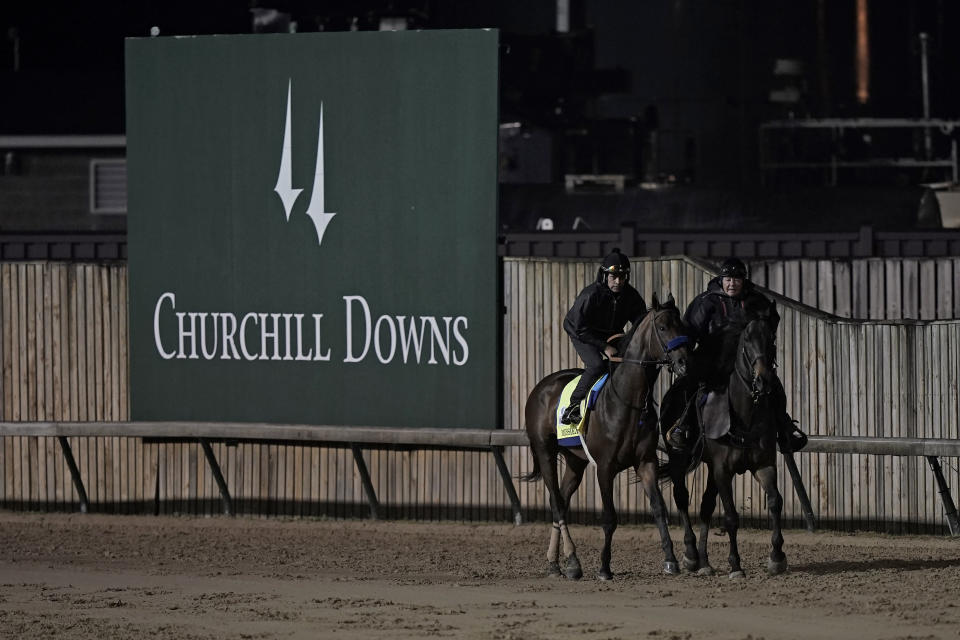 Kentucky Derby entrant Messier works out at Churchill Downs Friday, May 6, 2022, in Louisville, Ky. The 148th running of the Kentucky Derby is scheduled for Saturday, May 7. (AP Photo/Charlie Riedel)