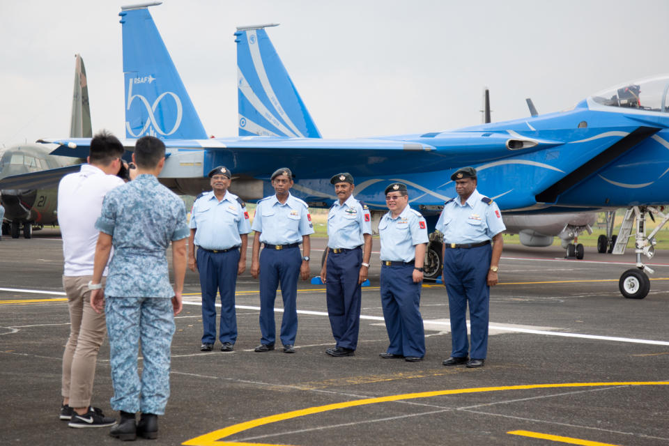 <p>RSAF pioneers taking a photo at Tengah Air Base on 28 August. (PHOTO: Dhany Osman / Yahoo News Singapore) </p>