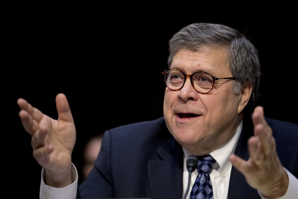 FILE - In this Jan. 15, 2019, file photo, Attorney General nominee William Barr testifies during a Senate Judiciary Committee hearing on Capitol Hill in Washington. (AP Photo/Andrew Harnik, file)