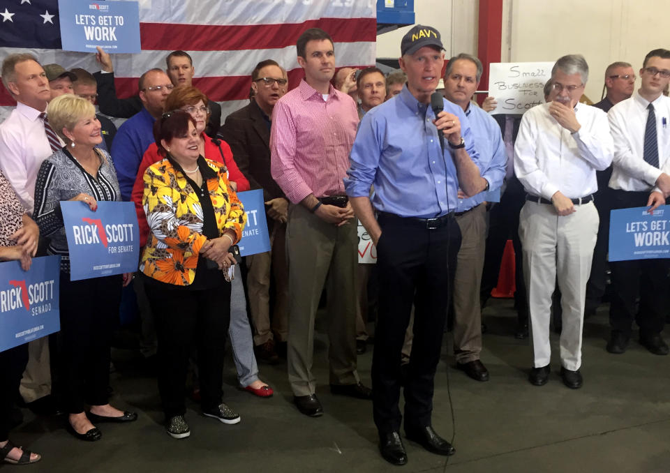 Florida Gov. Rick Scott holds a U.S. Senate campaign event at Ring Power corporation in Orlando on April 26. (Video still: Robert Thomas/Yahoo News)