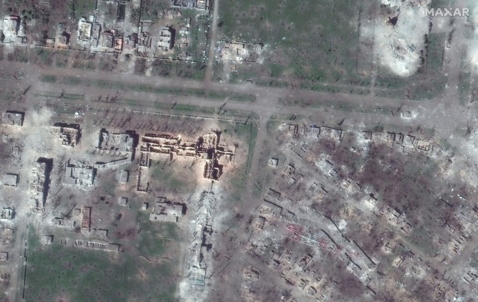 This satellite image provided by MaxarTechnologies shows the demolished university buildings and the radio tower in Bakhmut, Ukraine, on May 15, 2023.