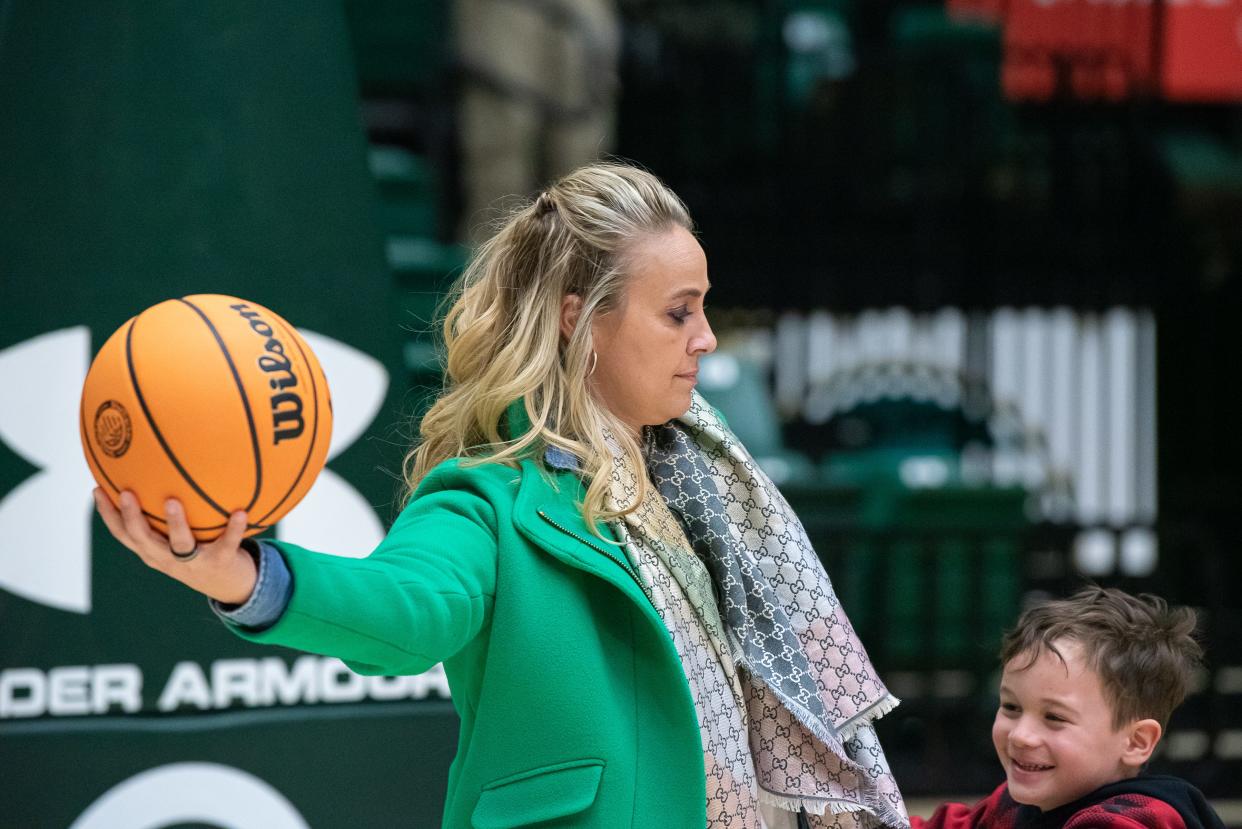 Becky Hammon, former CSU women's basketball standout and current coach of the Las Vegas Aces, plays on the court after a Colorado State University women's basketball game against New Mexico on Saturday, January 13, 2024, at Moby Arena in Fort Collins, Colo.