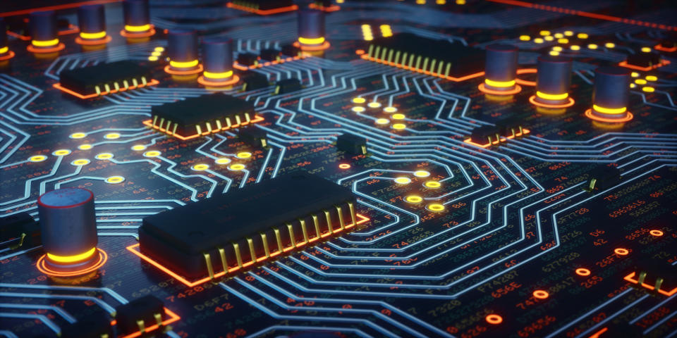 An abstract 3D render of some microprocessors on a circuit board with glowing lights. The surface of the board is dark with many lines of hexadecimal code written over it. 