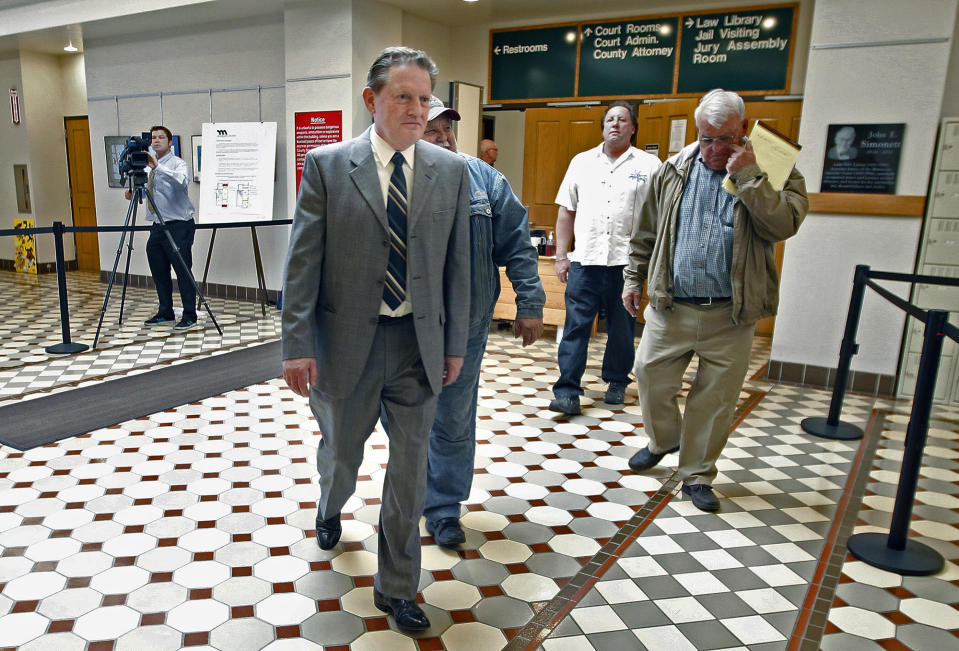 Byron Smith takes his first break during the first day of his trial at the Morrison County Courthouse, Monday, April 21, 2014, in Little Fall, Minn. The 65-year-old faces two counts of premeditated first-degree murder for the killings of Haile Kifer, 18, and Nick Brady, 17, who broke into his home on Thanksgiving Day 2012. (AP Photo/The Star Tribune, Elizabeth Flores) MANDATORY CREDIT; ST. PAUL PIONEER PRESS OUT; MAGAZINES OUT; TWIN CITIES TV OUT.