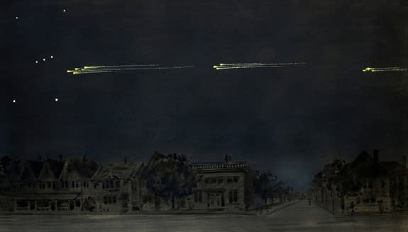 ???This painting by artist and amateur astronomer Gustav Hahn depicts the meteor procession of Feb. 9, 1923 as observed in High Park, Toronto. Hahn estimated that the fireballs passed about halfway between Rigel and the Belt of Orion.