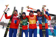 <p>Gold medalists Team Norway celebrate during the victory ceremony after the Cross-Country Skiing Men’s 4 x 10km Relay on February 18, 2018.<br> (Photo by Lars Baron/Getty Images) </p>