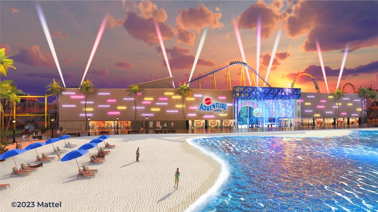 a rendering of the mattel adventure park with an indoor and outdoor theme park and beach area