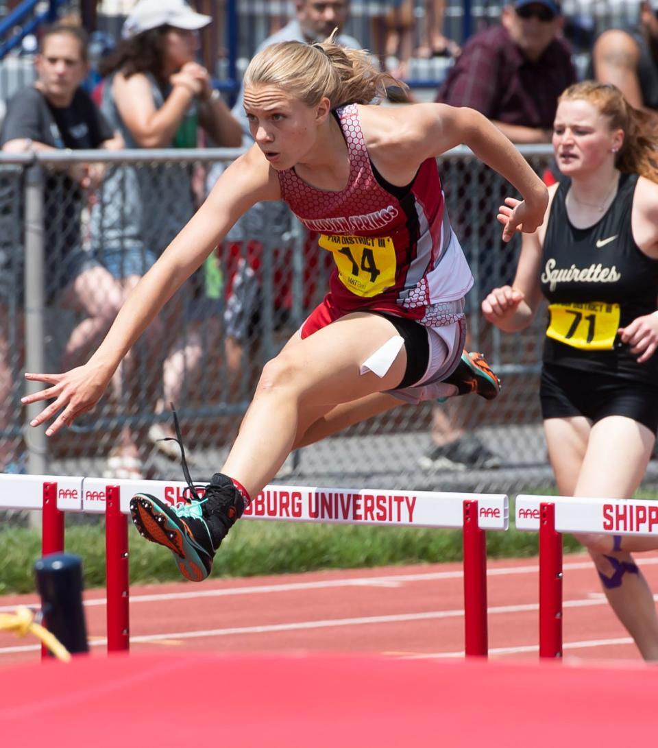 Bermudian Springs' Lilyana Carlson competes in the 2A 300-meter hurdles at the PIAA District 3 Track and Field Championships on Saturday, May 21, 2022, at Shippensburg University. Carlson, a freshman, finished ninth but claimed silver earlier in the 100-meter hurdles. 