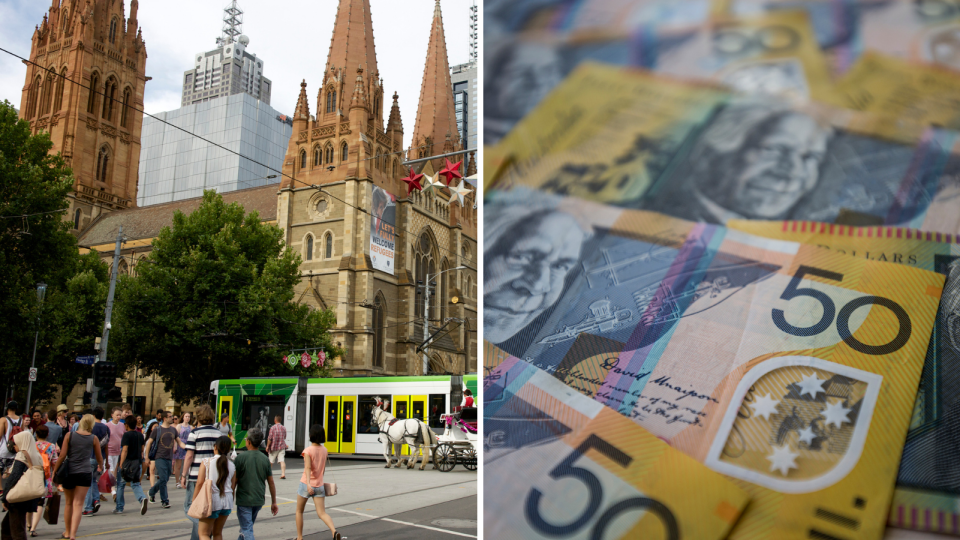 Pedestrians cross busy intersection in Melbourne with tram in background, Australian $50 notes. 