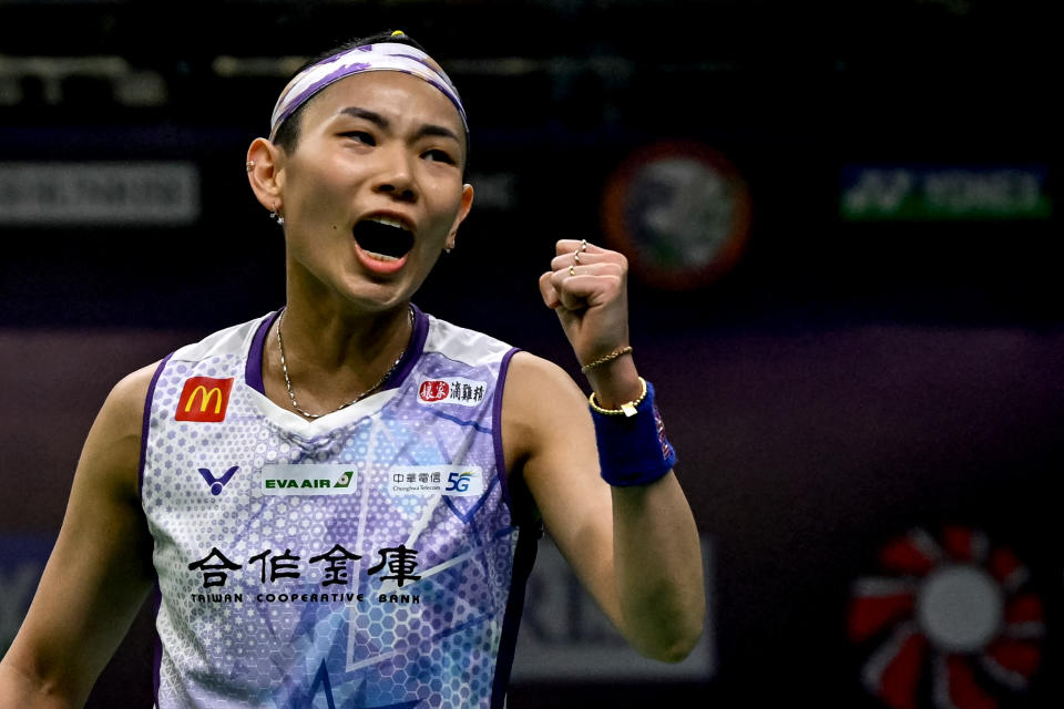 Taiwan's Tai Tzu Ying gestures while playing against China's Chen Yu Fei during their women's singles final badminton match of the India Open badminton tournament at the Indira Gandhi Stadium in New Delhi on January 21, 2024. (Photo by Arun SANKAR / AFP) (Photo by ARUN SANKAR/AFP via Getty Images)