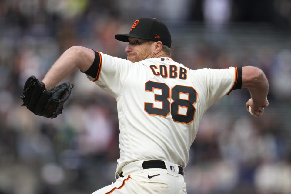 San Francisco Giants starting pitcher Alex Cobb throws in the first inning of a baseball game against the Seattle Mariners in San Francisco, Wednesday, July 5, 2023. (AP Photo/Eric Risberg)