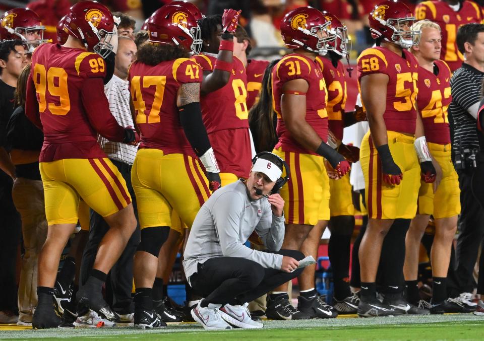 USC Trojans head coach Lincoln Riley on the sidelines during a game against Arizona State.
