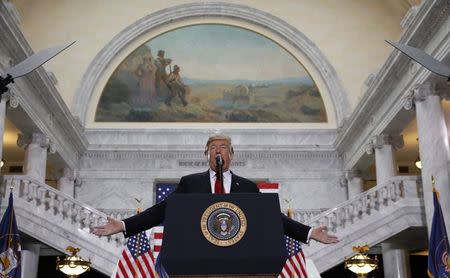 U.S. President Donald Trump speaks at the Utah State Capitol, where he announced big cuts to Utah's sprawling wilderness national monuments, in Salt Lake City, Utah, U.S., December 4, 2017. REUTERS/Kevin Lamarque