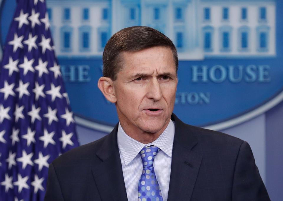 FILE - In this Feb. 1, 2017, file photo, then - National Security Adviser Michael Flynn speaks during the daily news briefing at the White House, in Washington. Flynn is relaxed and hopeful even as the possibility of prison looms when he's sentenced in the Russia probe Tuesday, Dec. 18, 2018. The retired three-star general pleaded guilty last year to lying to the FBI about conversations he had with the then-Russian ambassador to the U.S. during President Donald Trump's White House transition. (AP Photo/Carolyn Kaster, File)