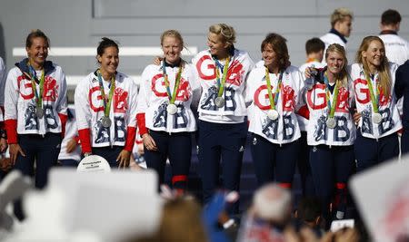 Britain Olympics - Team GB Homecoming Parade - London - 18/10/16 Katherine Grainger and Victoria Thornley of Britian with team mates during the Parade Action Images via Reuters / Peter Cziborra Livepic