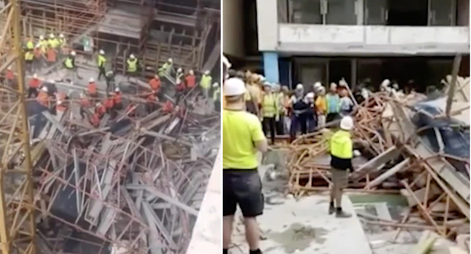 Workers can be seen running around the site, screaming instructions. Source: 7 News