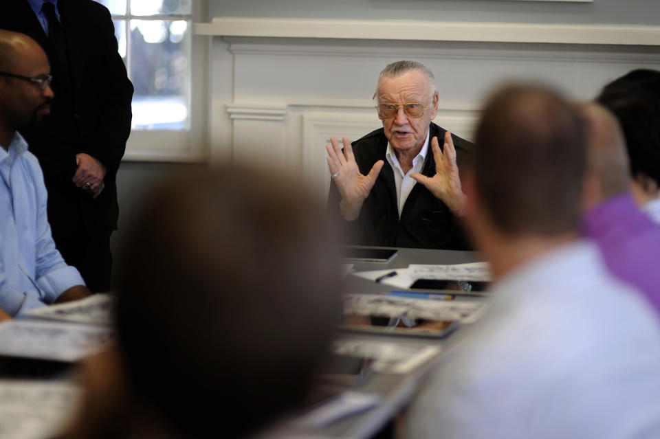 Legendary comic creator Stan Lee speaks at the Savannah College of Art and Design while visiting the college to critique some of the work by graduate and undergraduate students in the sequential art program in Savannah, Ga., on Wednesday, Oct. 31, 2012. Lee, the 89-year-old co-creator of Spider-Man, dropped in on the school after being honored at the SCAD Savannah Film Festival. (AP Photo/Stephen Morton)