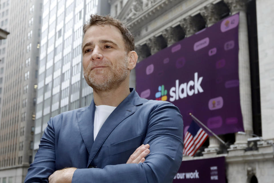 Slack CEO Stewart Butterfield poses for photos outside the New York Stock Exchange before his company's IPO, Thursday, June 20, 2019. (AP Photo/Richard Drew)