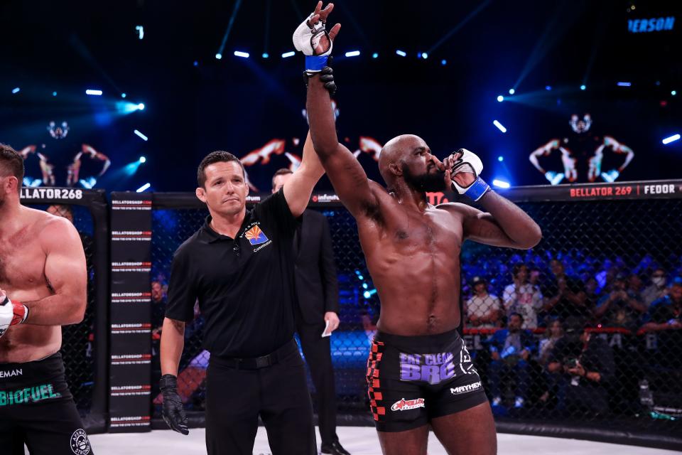 Corey Anderson quiets the crowd after beating Ryan Bader back on Oct. 16, 2021, to advance to the title fight on Friday, April 15, 2022.
