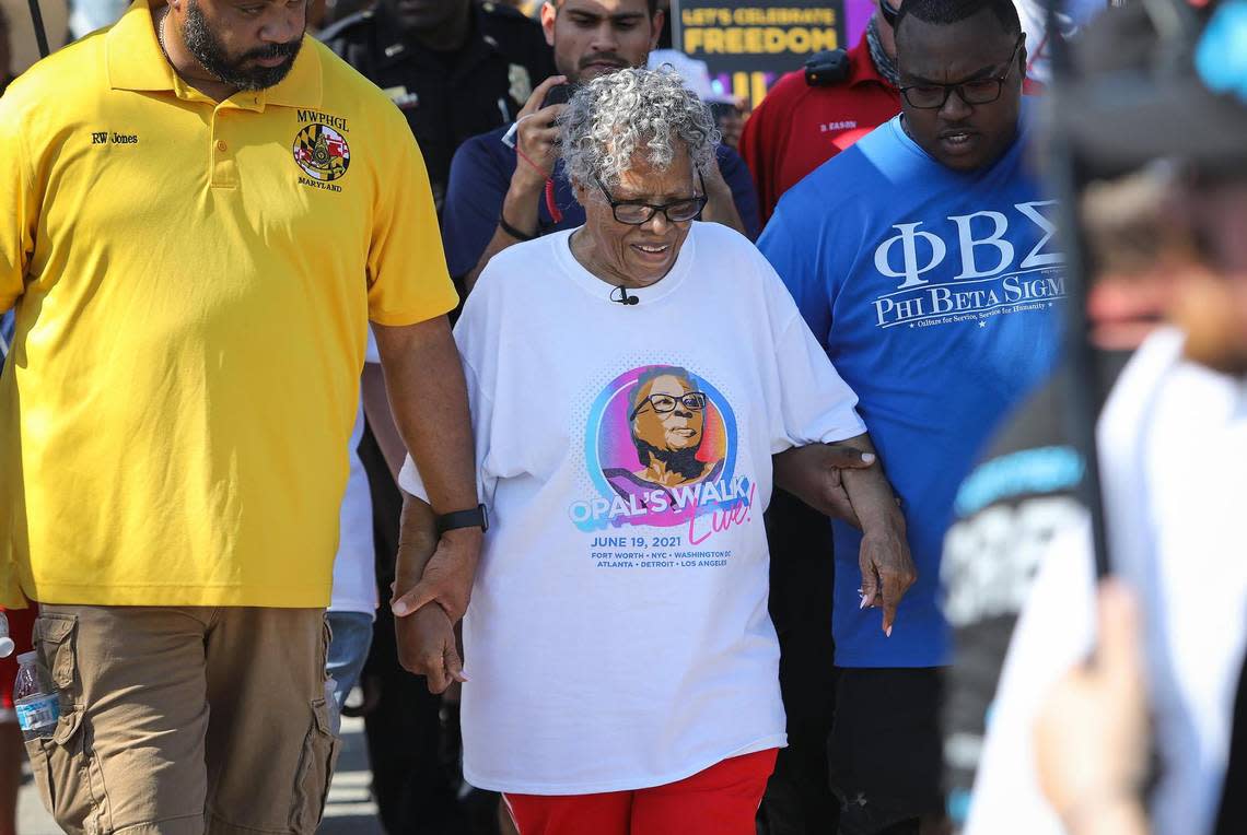 Opal Lee walks her annual 2.5-mile Juneteenth march in 2021, the first year Juneteenth was made a national holiday.