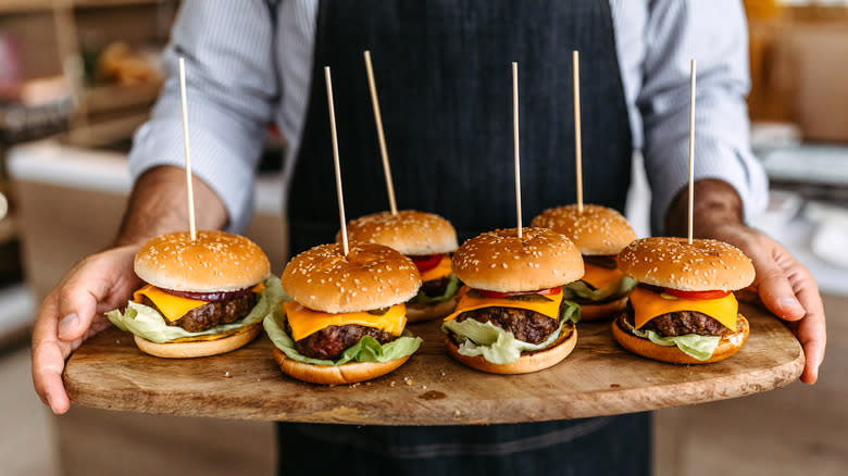 tray of cheeseburgers