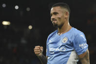 Manchester City's Gabriel Jesus celebrates after scoring his side's fourth goal during the Champions League Group A soccer match between Manchester City and Club Brugge at the Etihad stadium, in Manchester, England, Wednesday Nov. 3, 2021. (AP Photo/Rui Vieira)