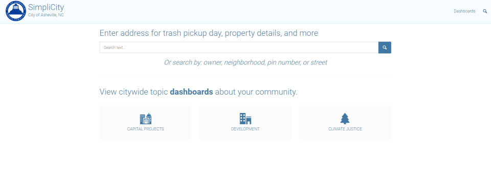 A screenshot of the city of Asheville's SimpliCity page, which helps determine where developments are, along with providing updated development plans.