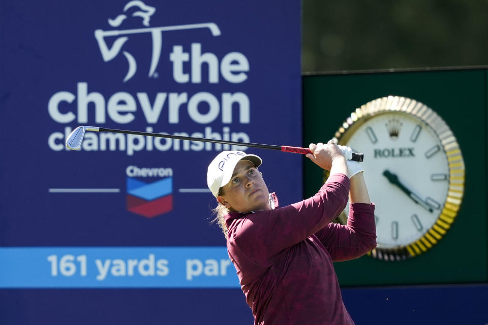 Lauren Coughlin watches her shot on the 17th hole during the final round of the Chevron Championship LPGA golf tournament Sunday, April 21, 2024, at The Club at Carlton Woods in The Woodlands, Texas. (AP Photo/David J. Phillip)