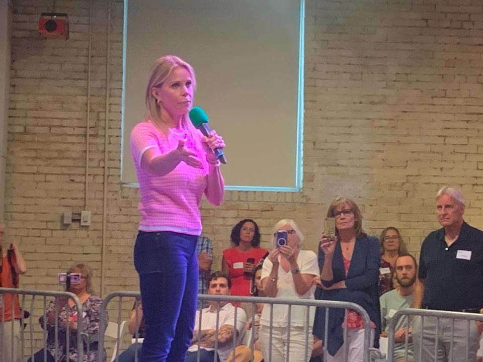 Actress Cheryl Hines, who is married to Robert F. Kennedy Jr., speaks to a crowd in Greenville, S.C. before Kennedy takes the stage at a town hall on Monday, Aug. 21, 2023.