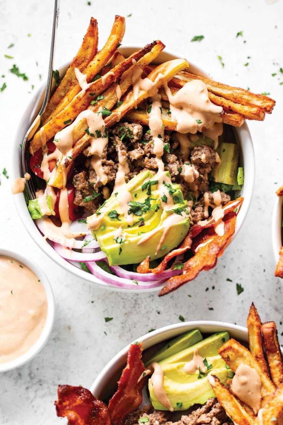 Michele Rosen’s burger bowls with fries