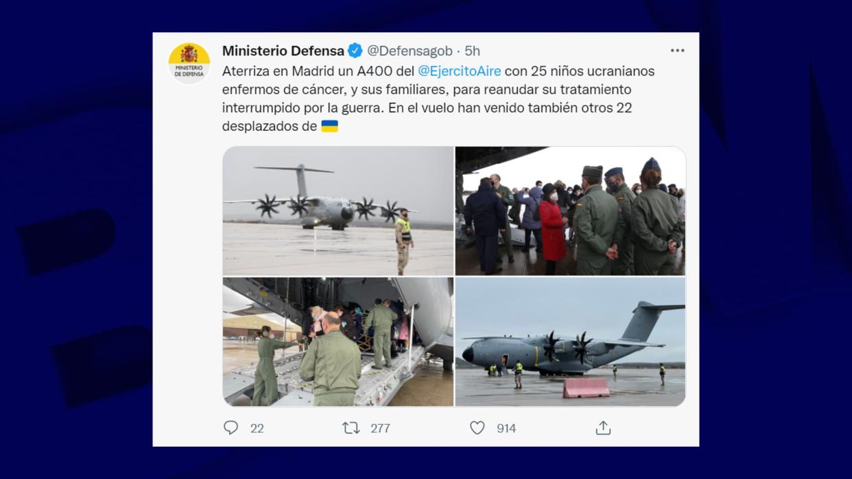 Le ministère de la Défense espagnol annonce l'accueil de 25 enfants ukrainiens atteints d'un cancer.  - Capture d'écran - Compte Twitter du Ministère de la Défense espagnol