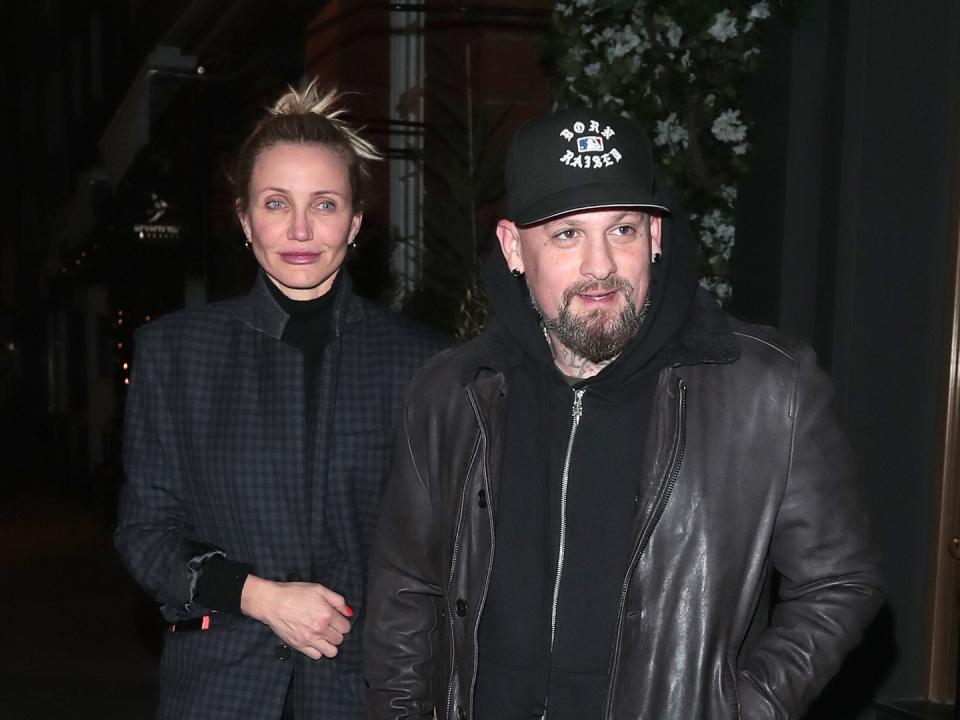     Cameron Diaz and Benji Madden seen on a night out at Sparrow Italia - Mayfair restaurant on December 02, 2022 in London, England. (Photo by Ricky Vigil M/GC Images)