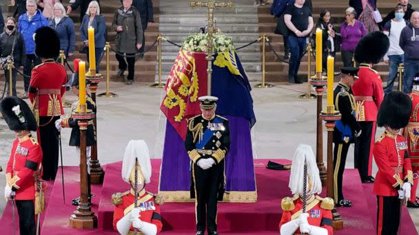 PHOTO: King Charles III attends a vigil around the coffin of Queen Elizabeth II, lying in state on the catafalque in Westminster Hall, at the Palace of Westminster in London on September 16, 2022. (Yui Mok/POOL/AFP via Getty Images)