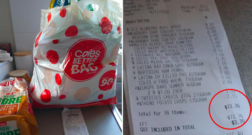 The coles bag filled with items and the receipt. 