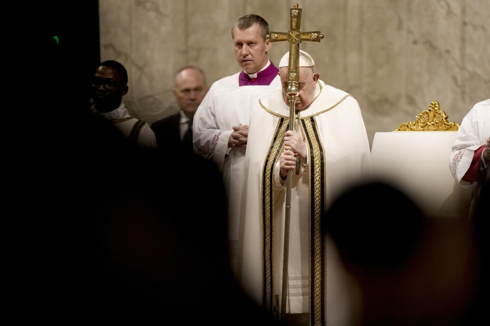 Pope Francis presides over an Epiphany mass in St.Peter's Basilica, at the Vatican, Saturday, Jan. 6, 2024. (AP Photo/Andrew Medichini)