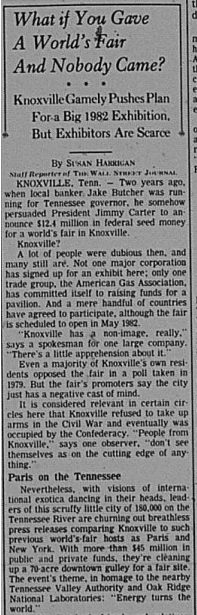 A cropped version of the front page article that ran in The Wall Street Journal on Dec. 29, 1980. In the first paragraph under the subhead, reporter Susan Harrigan wrote "scruffy little city" in her article about Knoxville. The city took the insult and made it a nickname. The page was accessed using microfilm available at Lawson McGhee Library.