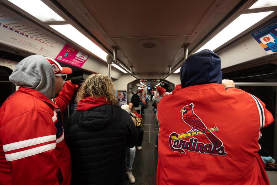 Cardinals fans line the Metrolink from Belleville to Busch Stadium for the Cardinals’ home opener on April 4, 2024. Joshua Carter/Belleville News-Democrat