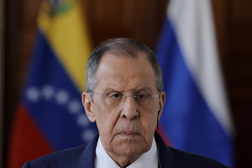 Russia's Foreign Minister Sergei Lavrov attends a press conference at the Foreign Ministry in Caracas, Venezuela, Tuesday, April 18, 2023. (AP Photo/Jesus Vargas)