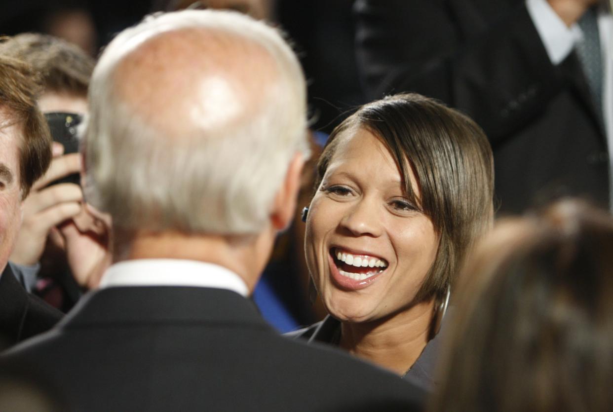 In 2008, while a Cincinnati CIty Councilwoman, Laketa Cole greets then-Democratic Vice President nominee Joe Biden following his speech in the rotunda of the Cincinnati Museum Center.